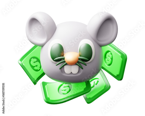 Modern 3D render of a lucky mouse mascot with digital currency notes, a symbol of fintech, investment, and financial growth on an isolated background