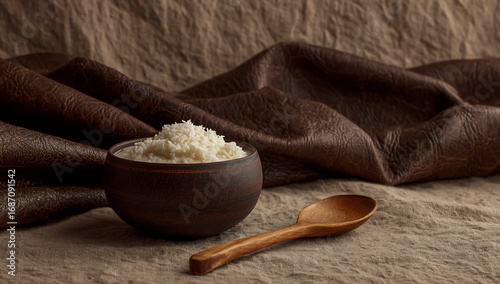 A rustic bowl of creamy white butter sits next to a wooden spoon on a textured surface