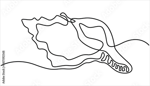 Continuous one line drawing of conch snail shell. Marine animal concept continuous line art. Conch snail seashell in simple linear style. Editable stroke. Marine animal concept continuous line art.