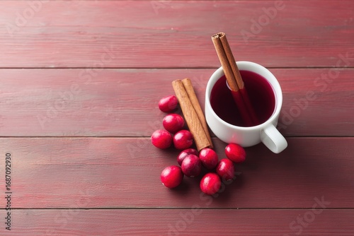 Still life of spiced mulled wine in a white cup with cinnamon sticks and cranberries, on rustic red wooden table, top view, warm cozy feel