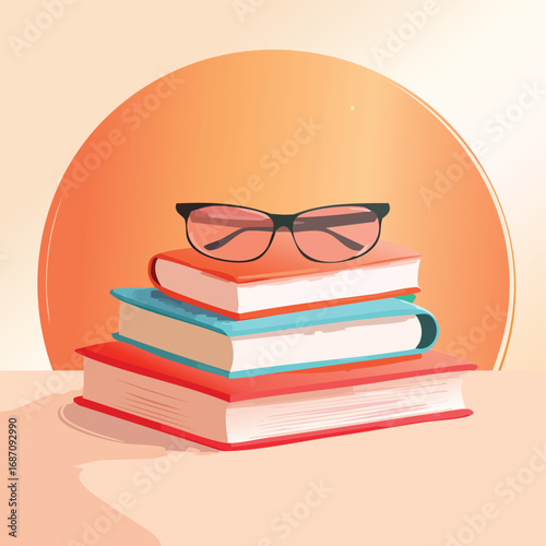 A stack of colorful books with reading glasses on top. A vector illustration for education, knowledge, learning, and literature concepts. Generative AI