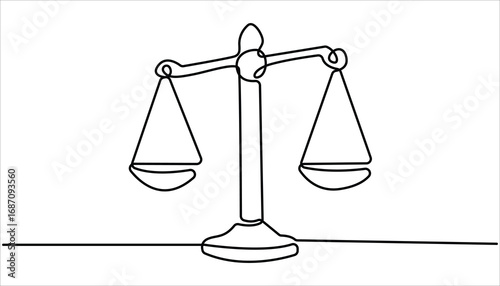 One Line Drawing of a Justice Scale, Minimalist Illustration Representing Equity and Justice, Libra symbol in single line draw illustration. Scales of justice continuous one line drawing.