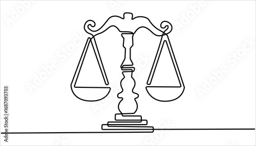 One Line Drawing of a Justice Scale, Minimalist Illustration Representing Equity and Justice, Libra symbol in single line draw illustration. Scales of justice continuous one line drawing.