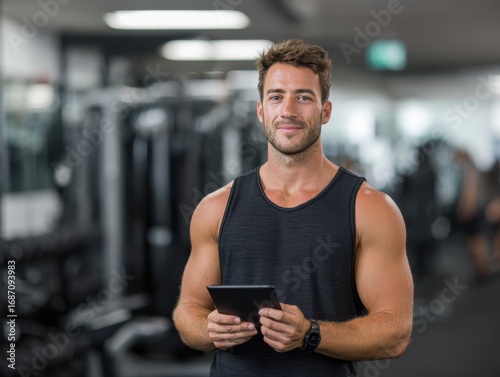 Wallpaper Mural A man with muscular build stands in a modern gym, holding a tablet. He appears focused and motivated while planning his workout amidst exercise equipment and gym members. Torontodigital.ca