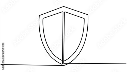 Shield of one continuous line drawing. Shield, Protection, Security Continuous Line icon Security shield drawn in one line. Shield badge with checkmark continuous line drawing. 