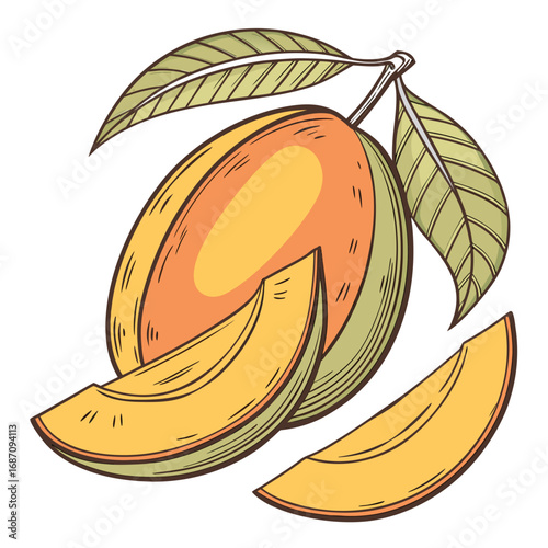 Fresh Mango Slices with Leaves Illustration
