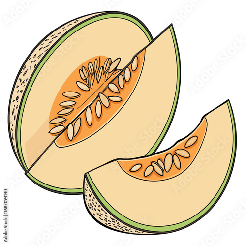 Illustration of a fresh cantaloupe melon with slices