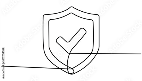 Shield of one continuous line drawing. Shield, Protection, Security Continuous Line icon Security shield drawn in one line. Shield badge with checkmark continuous line drawing. 