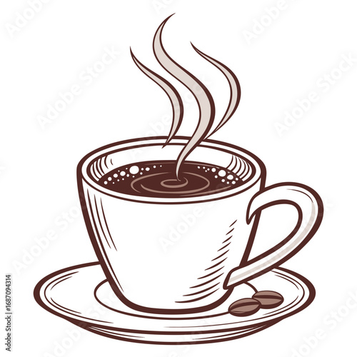 Hand-drawn illustration of a fresh aromatic steaming coffee cup