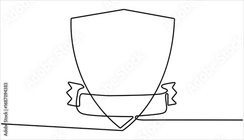 Shield of one continuous line drawing. Shield, Protection, Security Continuous Line icon Security shield drawn in one line. Shield badge with checkmark continuous line drawing. 