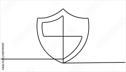 Shield of one continuous line drawing. Shield, Protection, Security Continuous Line icon Security shield drawn in one line. Shield badge with checkmark continuous line drawing. 