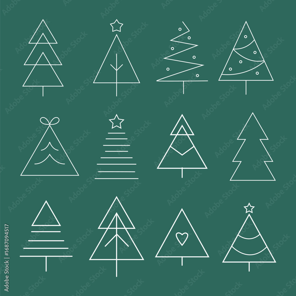 Obraz premium Minimal Geometric Christmas Tree Vector Set. Modern Holiday Icons