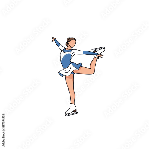 Female ice skater performing a graceful spin in blue dress  