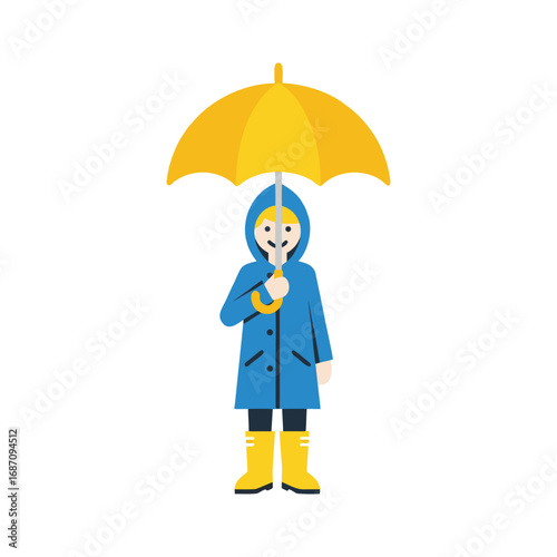 Child wearing blue raincoat and yellow boots holding umbrella  