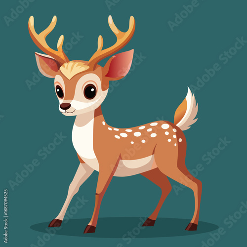 Cute cartoon deer with antlers standing on teal background  