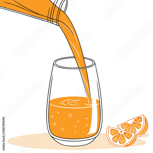 Refreshing Orange Juice Pouring into a Glass with Fresh Slices