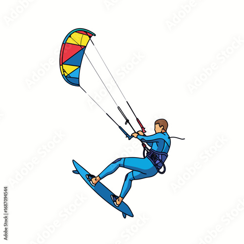 Kite surfer performing tricks on colorful kite at the beach  