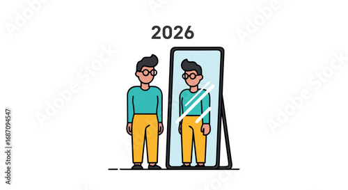 Young man looking at himself in a mirror reflection with date 2026  
