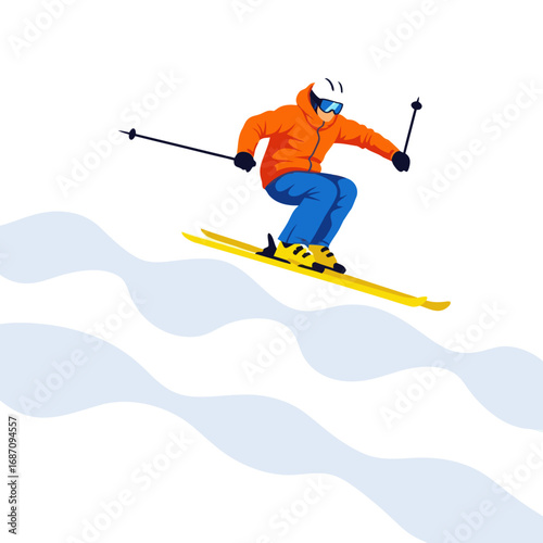 Skier in orange jacket jumping on snowy slope with ski poles  