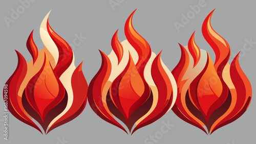 Set of three stylized flames in red and orange colors  