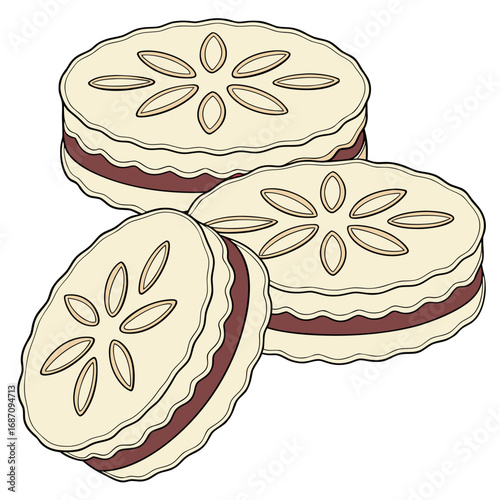 Stack of Decorated Round Cookies Filled with Jam