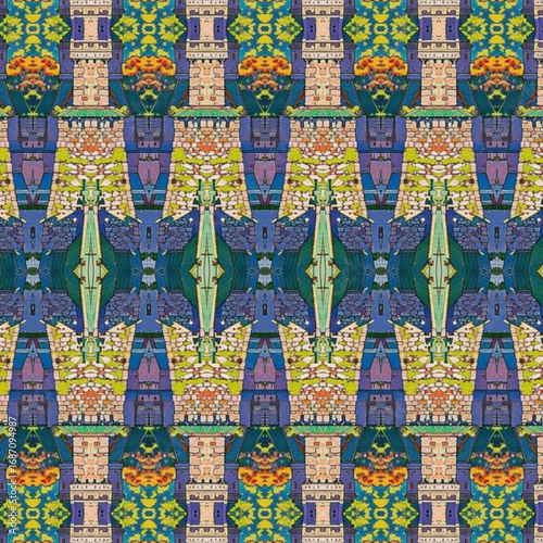 Vibrant kaleidoscope castle tower pattern with colorful stone textures and symmetry. Golden tones enhance this abstract architectural artwork.