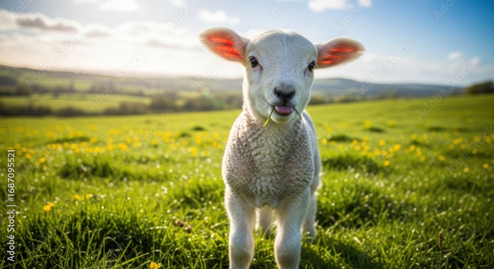 Fototapeta premium A close up of a lamb standing in a green field with a blade of grass sticking out of its mouth