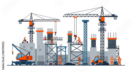 Construction site panorama with cranes and workers in vector style design
