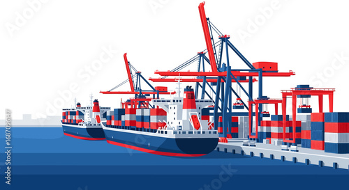 Stylized Container Ships Docked at a Modern Port with Cranes and Cargo