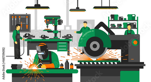 Vibrant illustration portraying industrial manufacturing processes and skilled