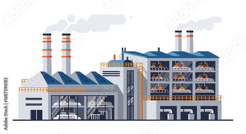 Stylized industrial plant with conveyor belts emitting smoke, a contemporary