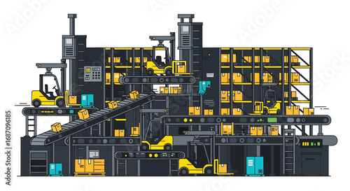 Automated warehouse with conveyor belts and forklifts for package logistics