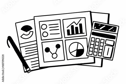 Vector hand drawn doodle sketch of financial analysis and reporting tasks isolated on white background