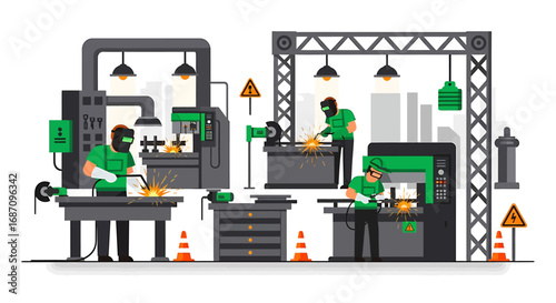 Animated Illustration of Factory Workers Welding with Safety Precautions in