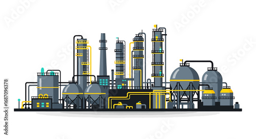 Stylized Industrial Complex Illustration with Silos, Reactors and Pipelines