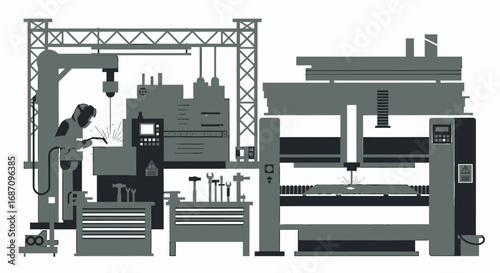 Abstract manufacturing scene depicting welding and machinery in grayscale tones