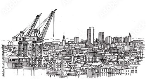 Hand-drawn sketch of the Port of Hamburg, Germany, with container cranes. A detailed black and white illustration of the industrial harbor.