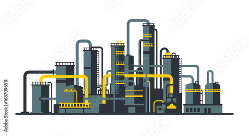 Stylized oil refinery complex illustration against a clean white background