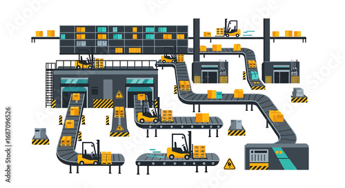 Automated warehouse distribution system with conveyor belts and forklifts