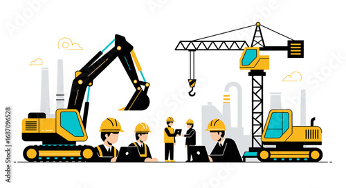 Vector illustration depicting construction site activities and professional team