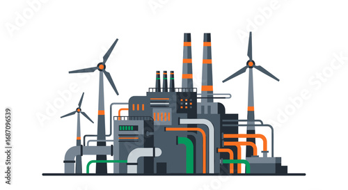 Stylized industrial complex integrating wind turbines for sustainable production