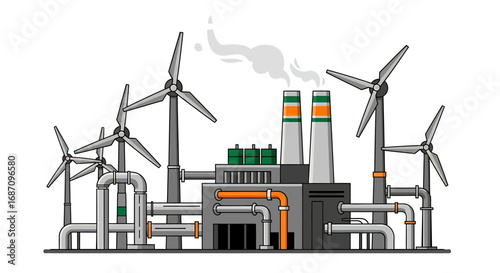 Stylized industrial complex with wind turbines, illustrating energy production