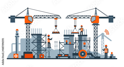 Construction site with workers, cranes, and building structures in progress