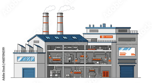Stylized sectional view of industrial manufacturing facility in vector format