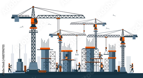 Artistic representation of an expansive construction site with towering cranes