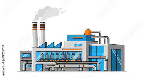 Stylized manufacturing plant with industrial processing and air pollution