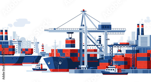 Stylized shipping port scene depicting container ships and loading equipment