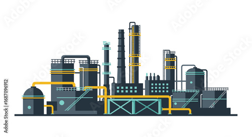 Stylized industrial complex illustration showcasing manufacturing processes