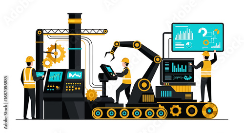 Illustration showcasing modern industrial automation with engineers overseeing
