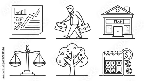 Collection of six business and finance related hand-drawn icons.